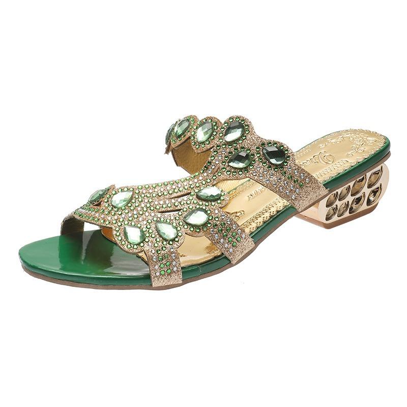 Women's Rhinestone Chunky-Heel Slide Sandals, Sexy Outdoor Casual Footwear, Anti-Slip Korean Style.