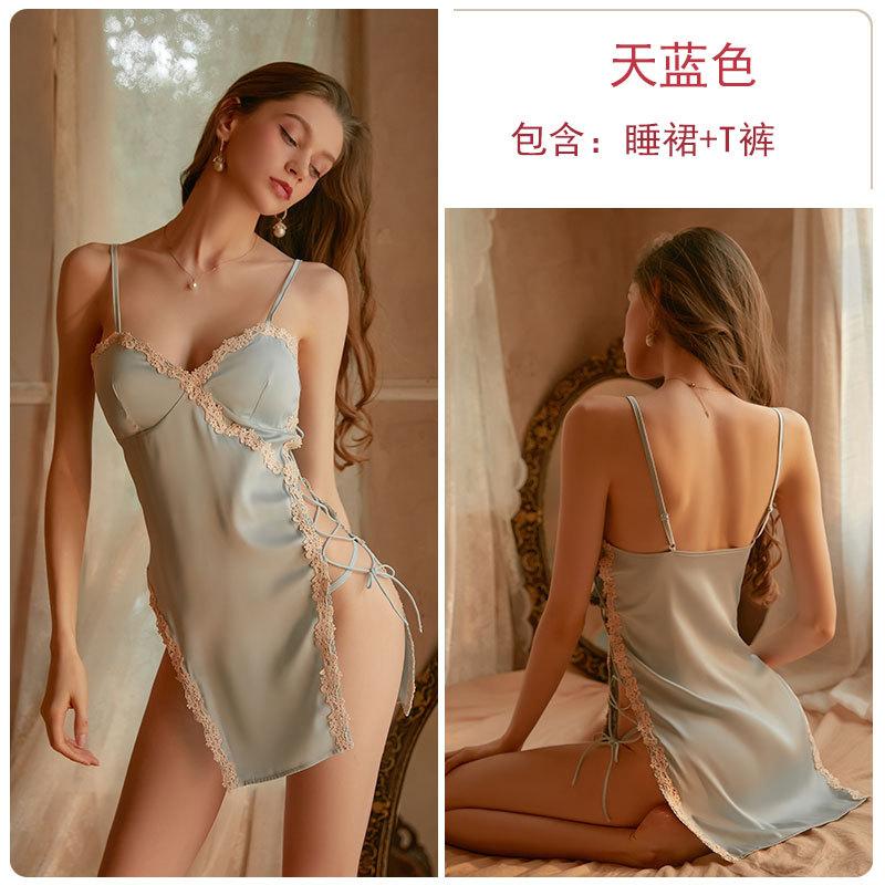 Women's High Slit Padded Cami Sleep Dress with Side Cutout Lace Up Lounge Set