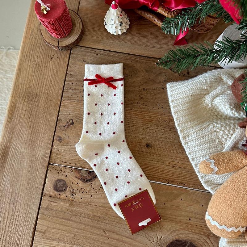 Cashmere Socks, Women's Big Red Socks, New Year Socks, Bow Polka Dot Small Flower Red Pile Socks