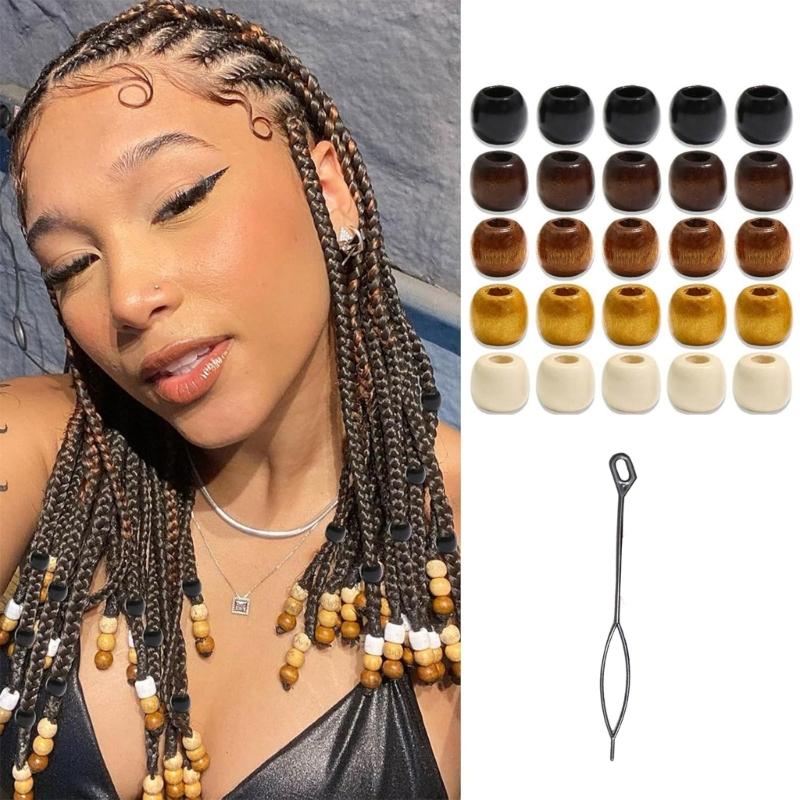 Large Hole Hair Beads for Braids and Dreadlocks, Painted Multicolor Decorations with Natural Wood-Inspired Look