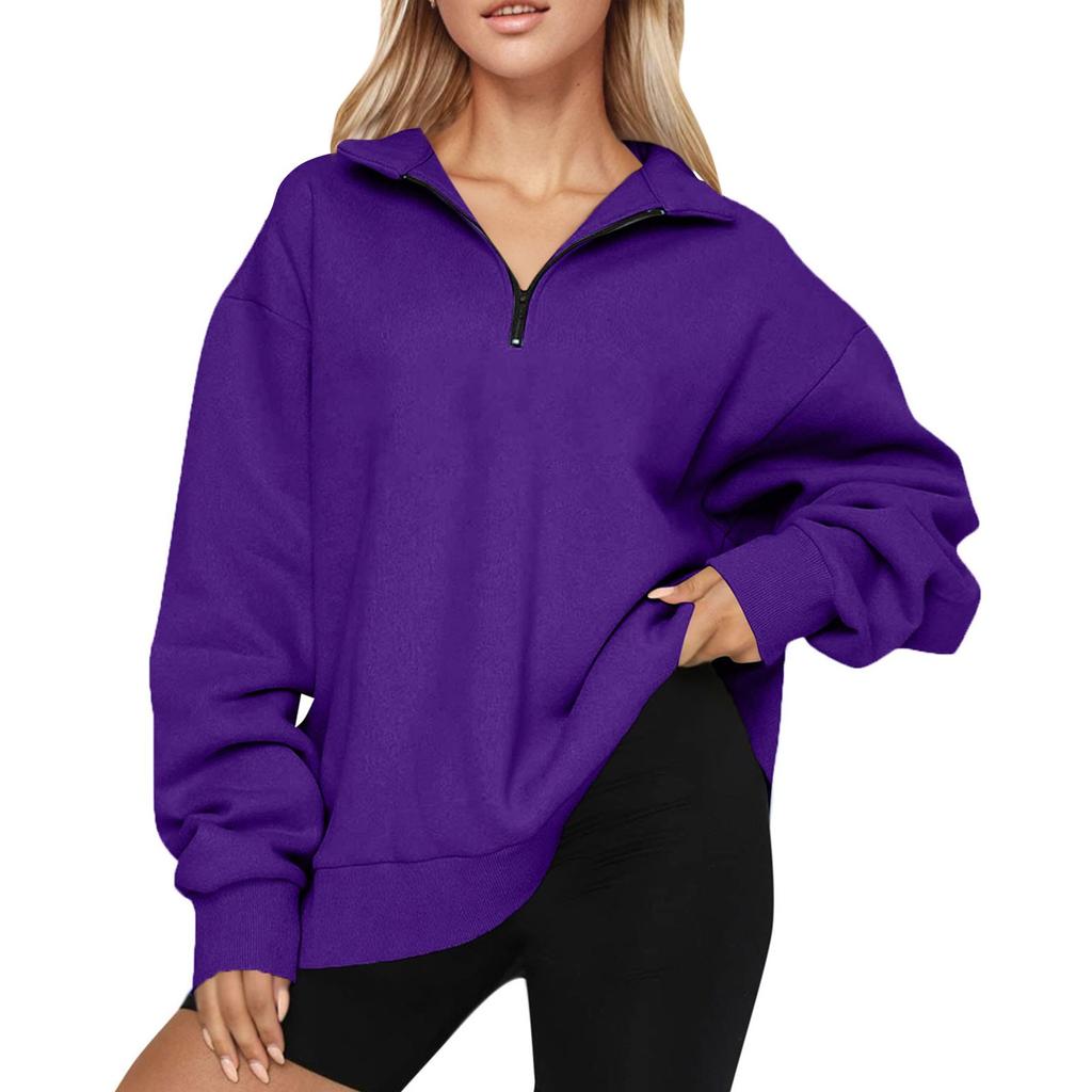 Women's Casual Fashion Long Sleeve Solid Color Zip Sweatshirt Top