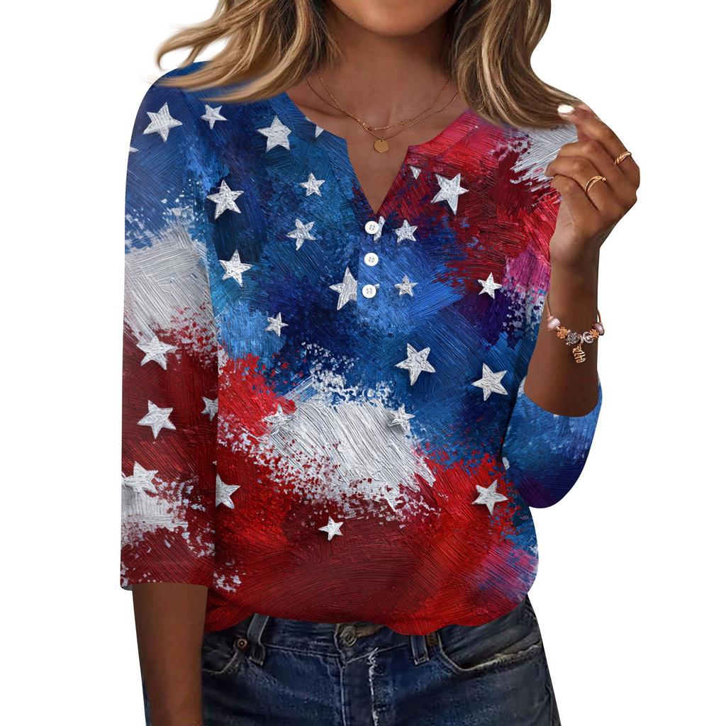 Women's T Shirt Independence Day Print Button 3/4 Sleeve Daily Weekend Fashion Basic V- Neck Regular Top