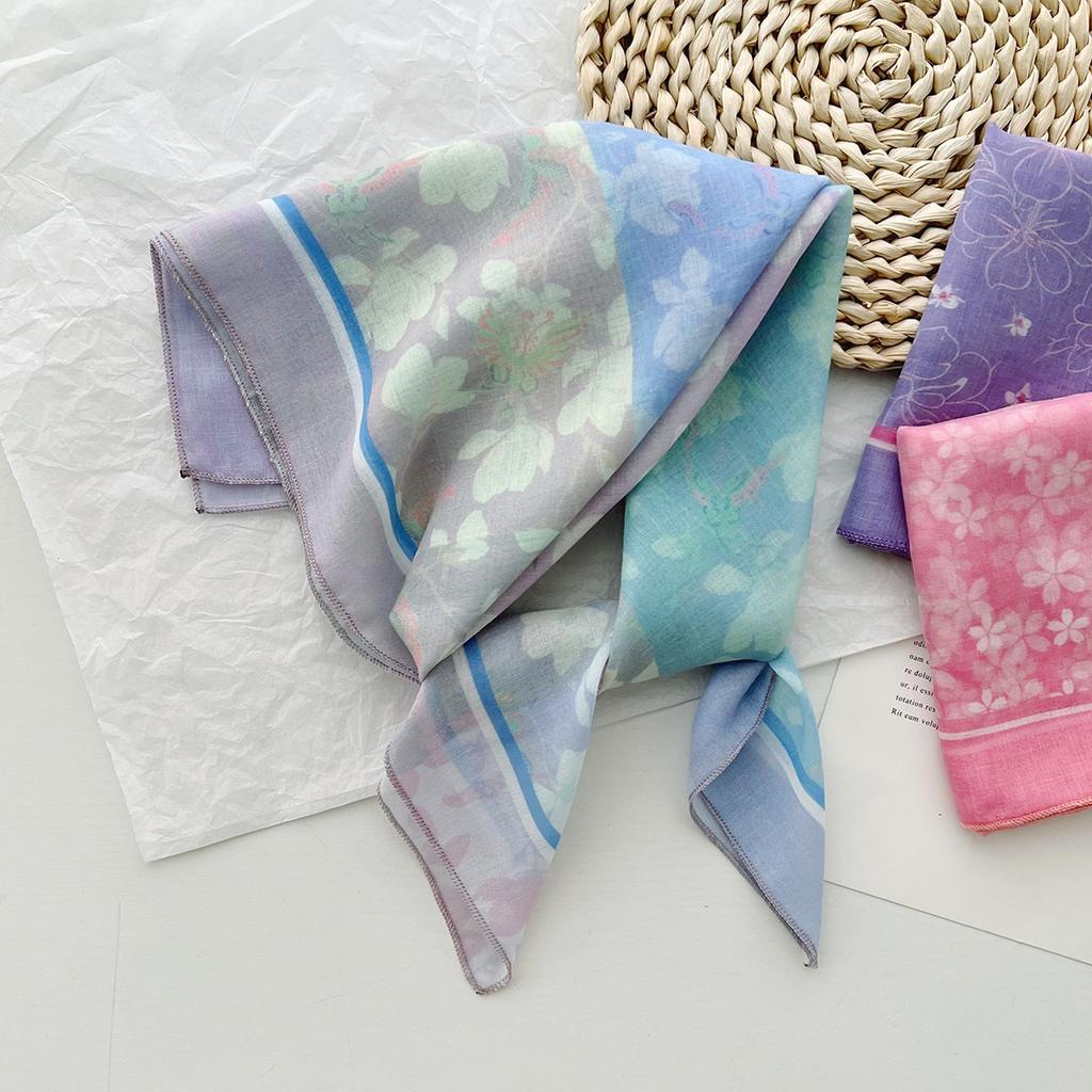 French Sweet and Cute Cotton and Linen Silk Scarf Women's Summer Floral Square Scarf Thin High-end Bag Head Tied Hair Streamer Decoration