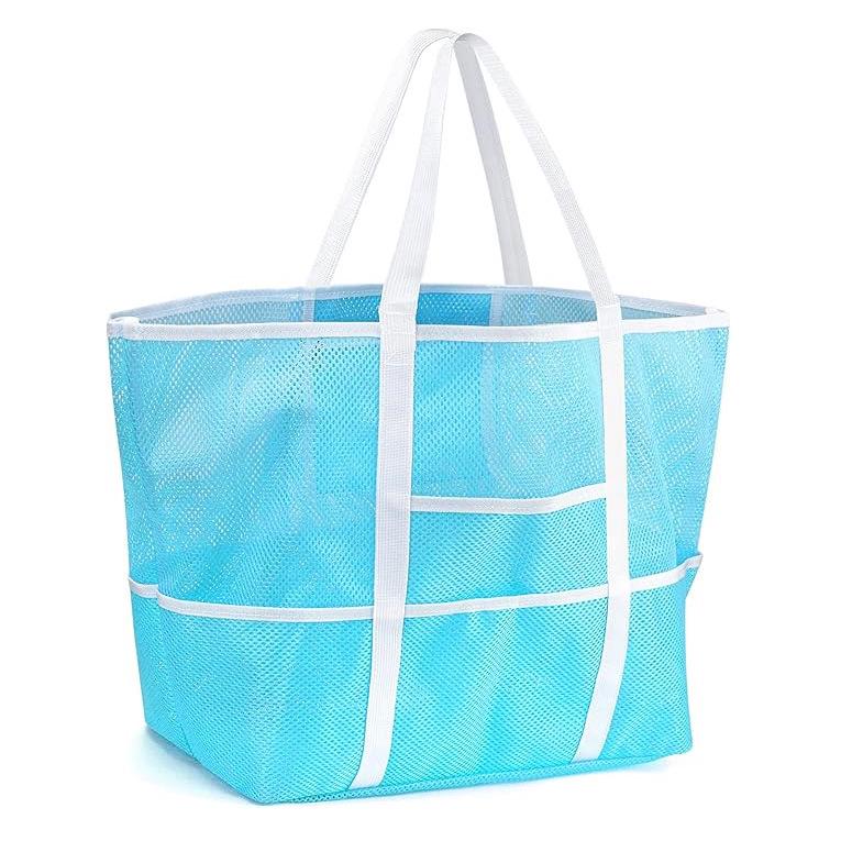 Mesh Beach Bag with 8 Pockets - Large Capacity Travel & Toy Storage Bag