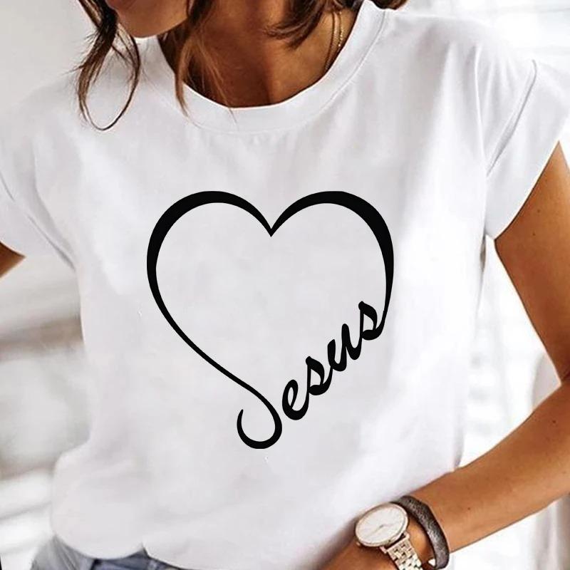 Comfortable Fabric TShirt Womens Summer Shortsleeve Shirt Tops Crew Neck Top Heartbeat Pattern Print Clothes Tops