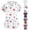 Women's Fashionable Casual Independence Day American Flag And Stars Print V-neck Short-Sleeved Work Shirt With Double Side Slits And Pockets