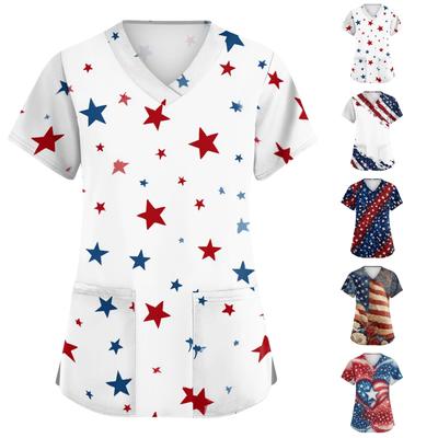 Modieus en casual damesoverhemd met V-hals, korte mouwen, dubbele zijsplitten en zakken, met print van de Amerikaanse vlag en sterren ter ere van Onafhankelijkheidsdag.