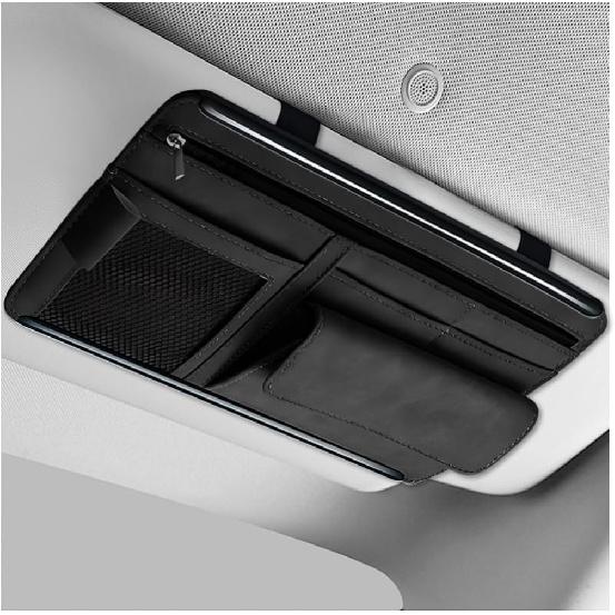 Car Sun Visor Organizer, Leather Sun Visor Pocket Organizer Case With Multi-Pocket Net Zipper, Suede Note Holder Car Visor Storage Pouch For Card Pen