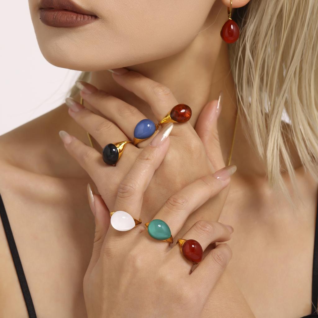 Long Necklace Matching Earring Ring In Stainless Steel With Multi Color Resin Sweater Chain Necklaces Earrings Rings For Women