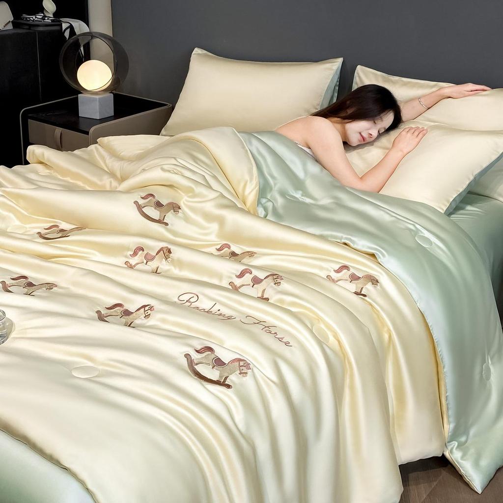 Summer Embroidery Silky Quilt Set – 4-Piece Bedding for Single/Double, Includes Bare Sleep & Air Conditioning Quilts