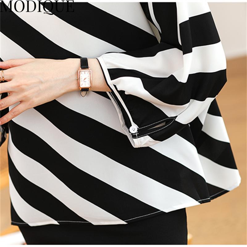 MODIQUE Printemps Été Grande Taille Femmes Casual Lâche Élégant Coton Soie Rayure Imprimé Chemisier T-Shirts Dame Mode Oversize O-cou À Manches Longues Pull