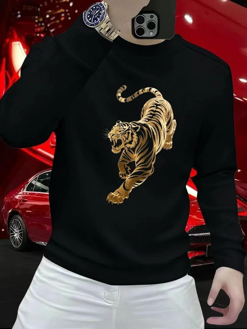 Men s Autumn/Winter Fierce Tiger Print Round Neck Sweatshirt – Trendy Long Sleeve Casual Layer XXL