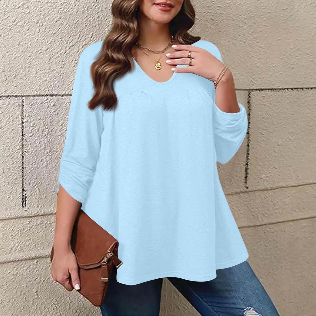 Dámská móda plus size Jednobarevný ležérní plisovaný top s kulatým výstřihem a dlouhým rukávem