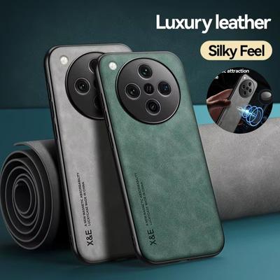 Lambskin Leather Phone Case for OPPO Find X8 Pro X8Pro Matte Shockproof Protection Back Cover With Metal Plate Support Car Hold