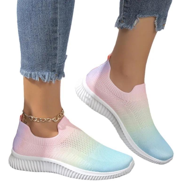 Fashion Gradient Color Women Flats Shoes Breathable Mesh Platform Sneakers Slip on Soft Ladies Casual  Women Shoes Tennis Flats
