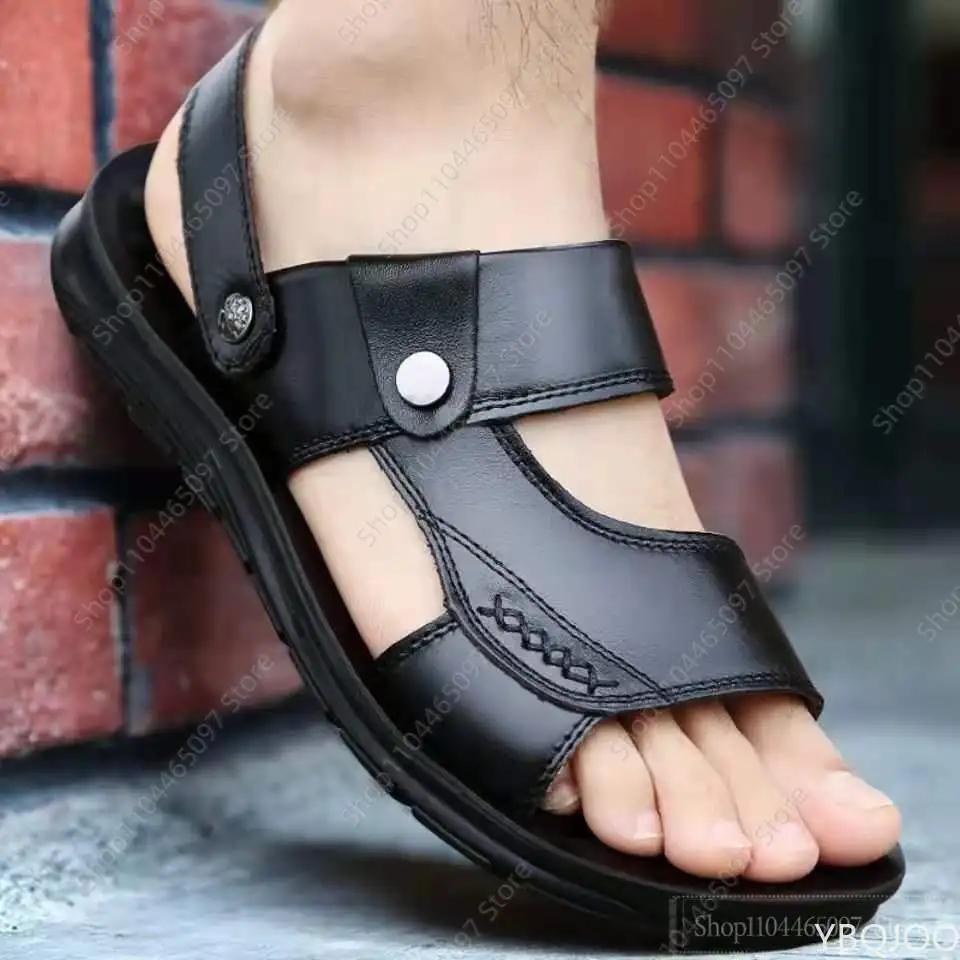 Fashion Men's Summer New Sandals and Slippers Men's Leather Sandals Adult Thick-soled Beach Shoes Non-slip Open-toe Leather Sandals