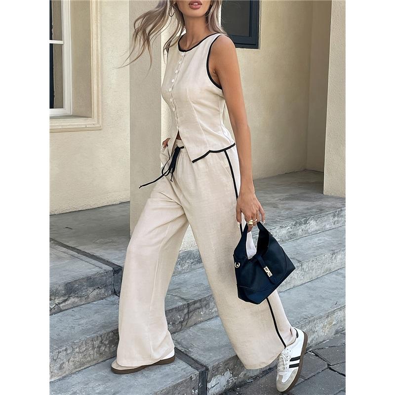 Women Daily Wear Sleeveless Top & Drawstring Wide Leg Pants Suit