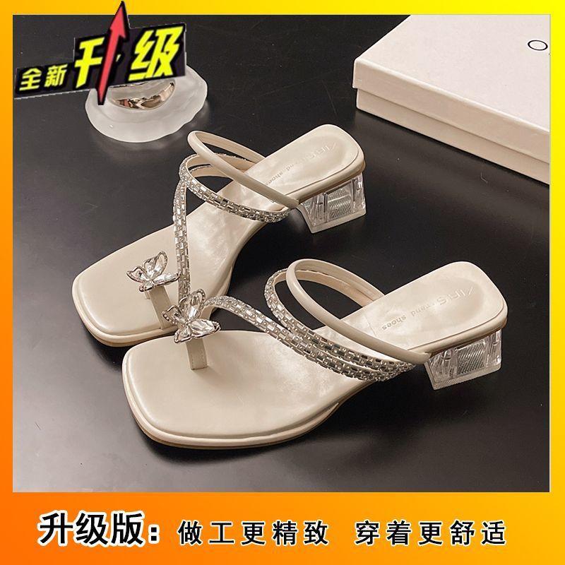Fairy with skirt, medium heel sandals, cool slippers 2025 summer new set of toe rhinestones, not tired of thick heels for women