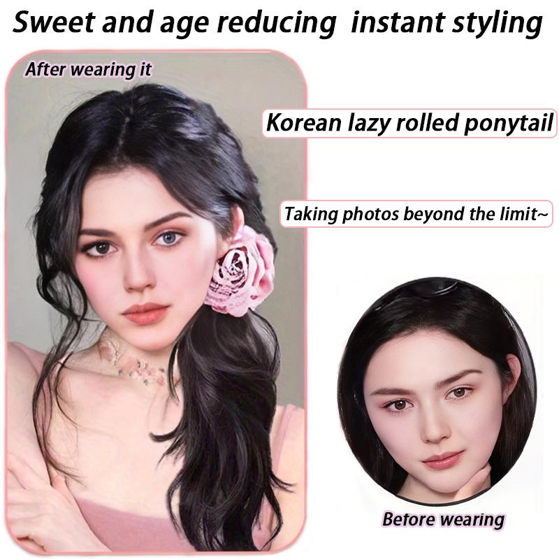 Paruka s culíkem a růžovým úchopem ve tvaru růže a stočenou stranou. Culík je přirozeně roztomilý a neviditelný cop.