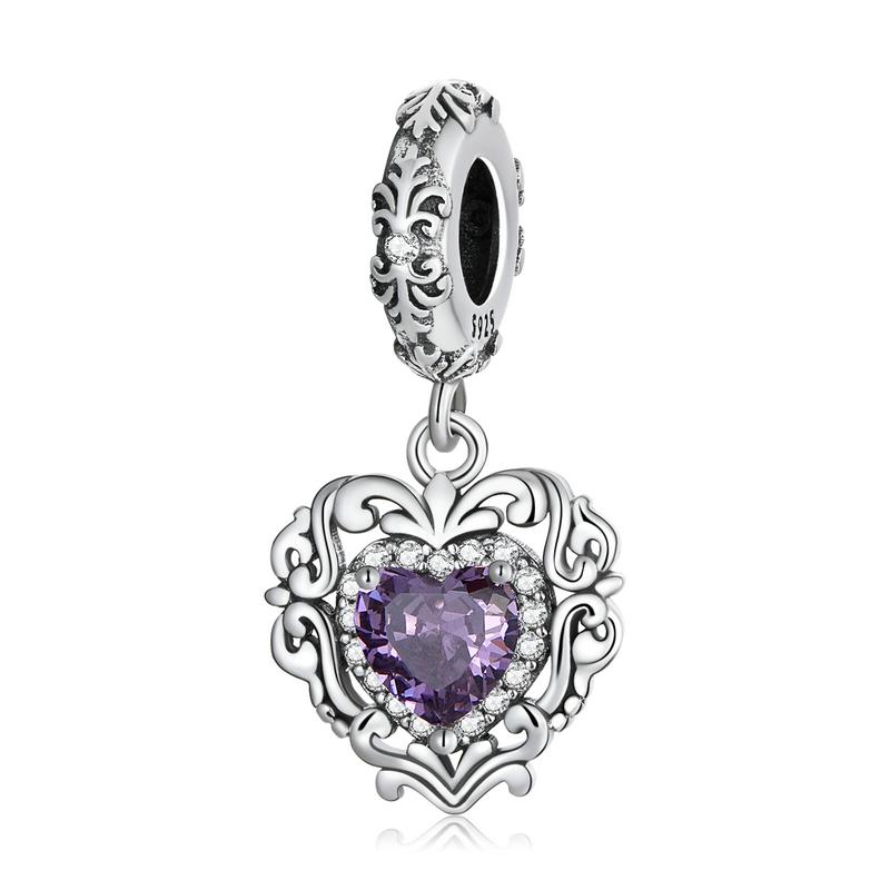 WOSTU 925 Silver Dreamy Purple Heart Charms Safety Chain Space Jewelry Beads Fit Original Bracelet DIY Bangle For Women