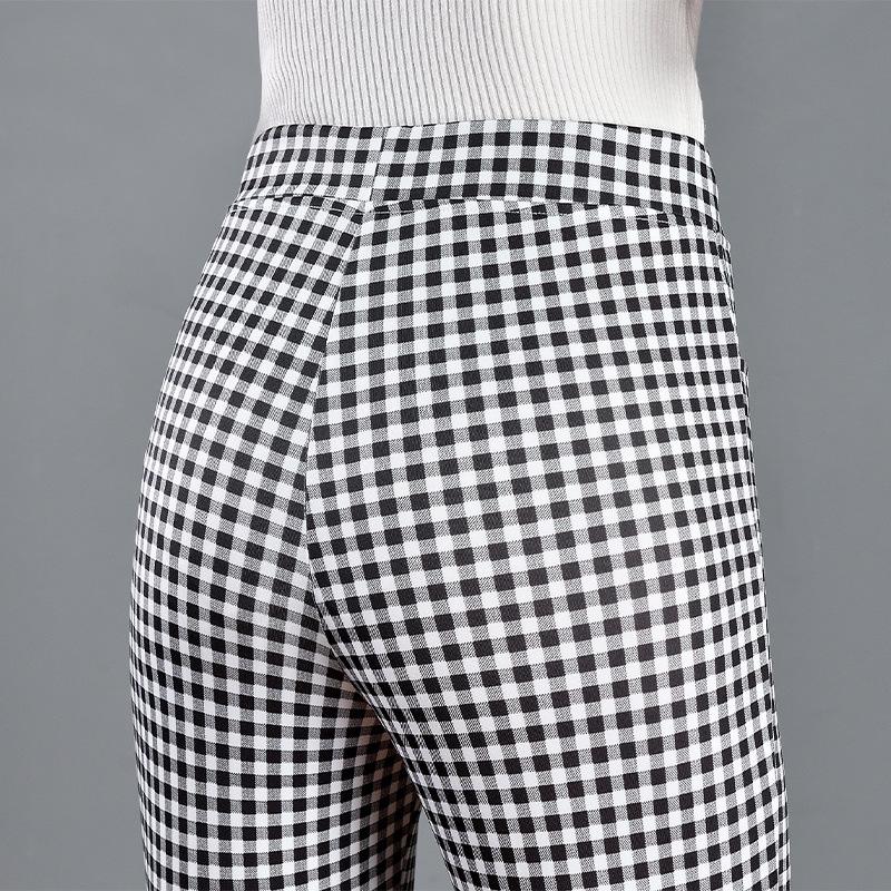 2024 Summer Women's Black & White Plaid Slim-Fit Stretchy Micro-Flare Pants with Elastic Waist
