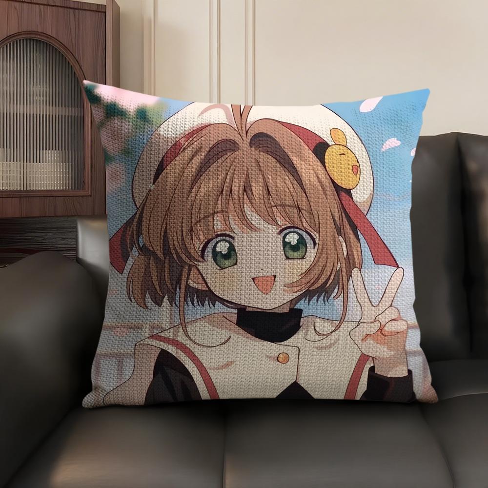 Anime C-Cardcaptor S-Sakura Pink Cushion Cover Natural Linen Organic Fabric Double-Sided Printing Sofa Home Decor Pillow Case