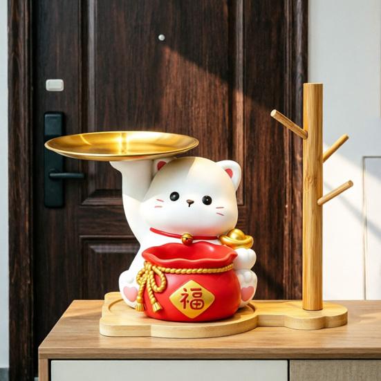 Lucky Cat Key Holder Tray for Entryway Table Resin Fortune Cat