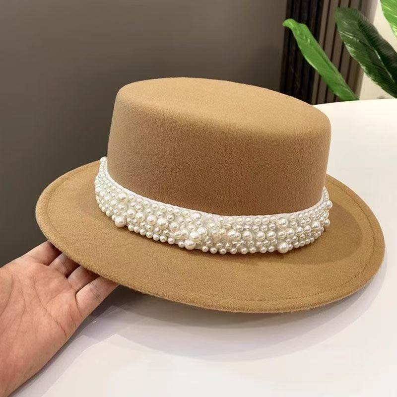 Celebrity Style Pearl Woolen Top Hat Female Autumn and Winter Elegant Fashion Retro Hepburn Style Flat Top Hat Autumn and Winter England