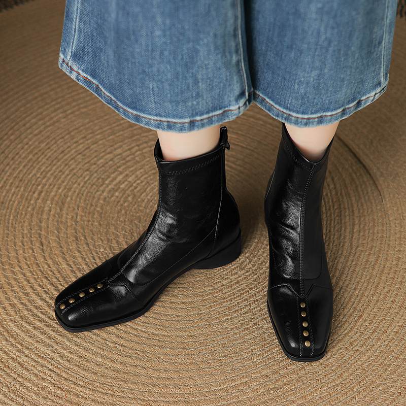 Krazing Pot Microfiber Winter Square Toe Modern Size 33 Boots Size 43 Metal Rivets Med Heels Zipper Women Ankle Boots