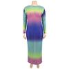 Plus Size Colorful Tie Dye Bandage Dress Women Long Sleeve Mesh Transparent Sexy Club Party Dresses