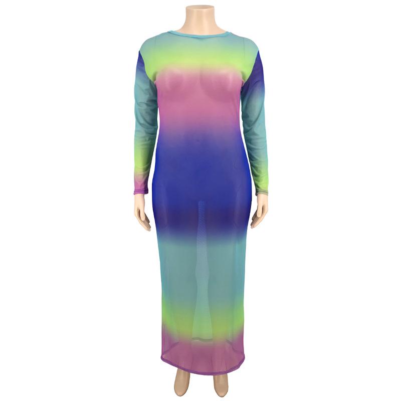 Plus Size Colorful Tie Dye Bandage Dress Women Long Sleeve Mesh Transparent Sexy Club Party Dresses