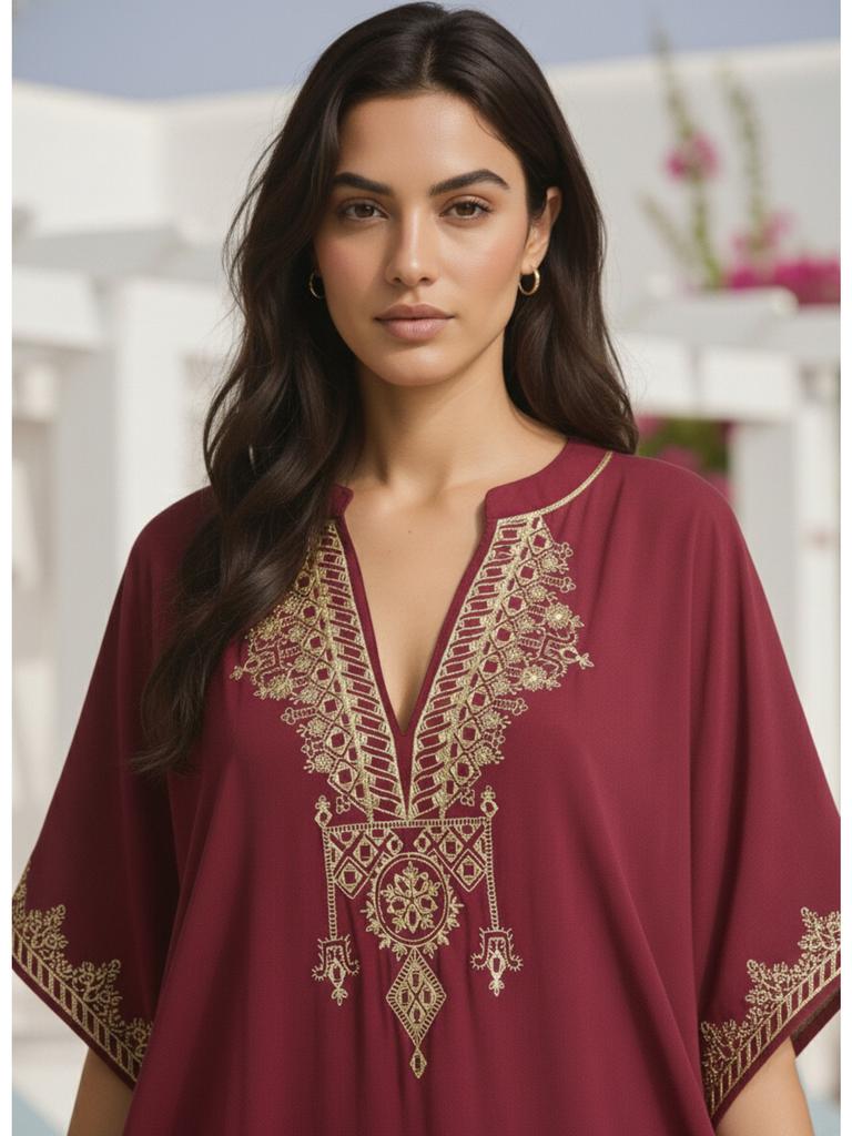Womens Boho Embroidered V Neck Kaftan Dress Loose Fit Elegant Loungewear Beach Cover Up for Summer Resort Wear Q1545-23001