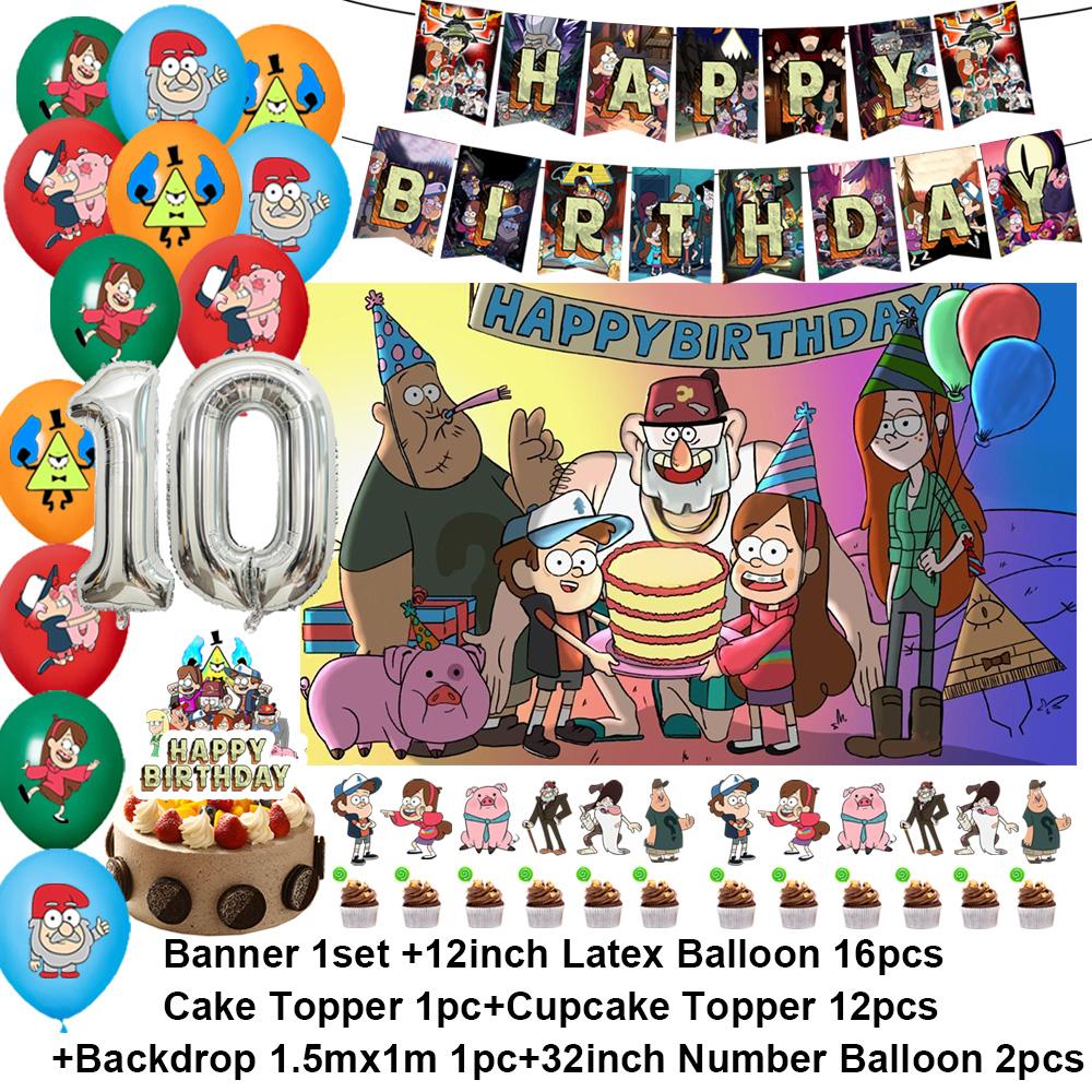 G&Gravity F-Falls Theme Birthday Party Decoration Cartoon Backdrop Banner Cake Topper Number Balloon Baby Shower Party Supplies