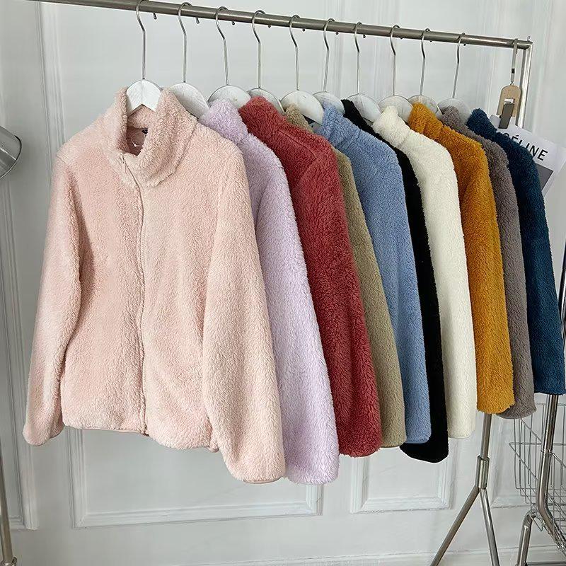 Cardigan gros de fleece coral cu fermoar pentru femei: Mânecă lungă, guler înalt, jachetă de vânt pentru toamnă/iarnă.