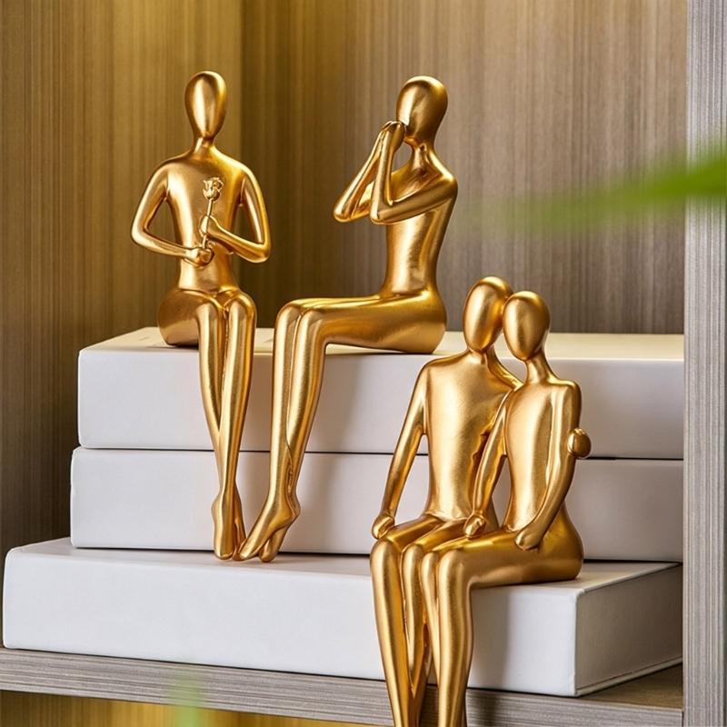Shelf Sitter Statue Abstract Art Sculptures Matte Gold Sitting Thinker Figurine Seating Display Statue for Consoles Table, Shelf Arrangement and