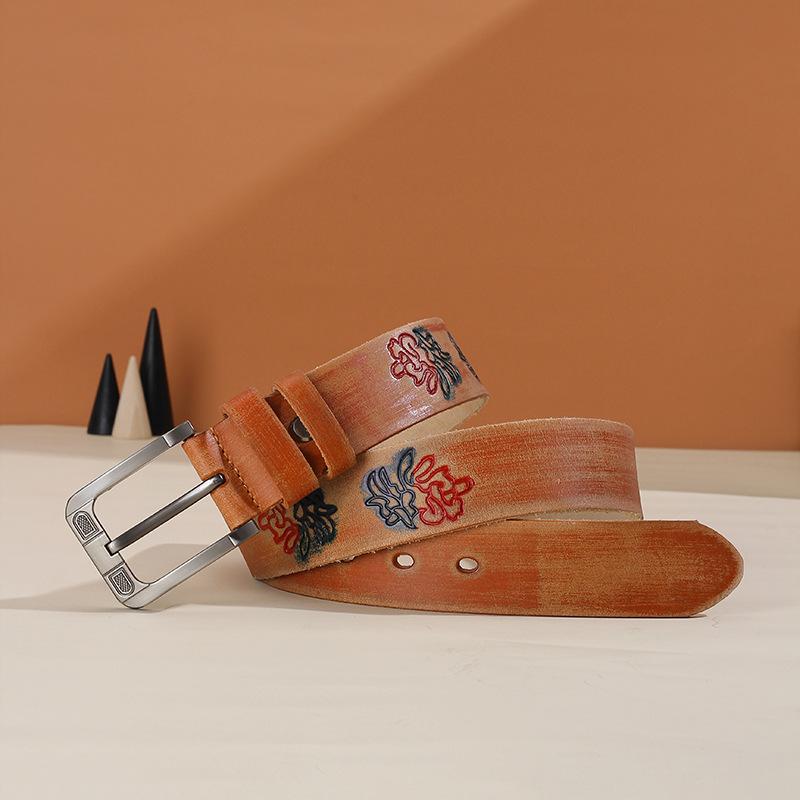 

The First Layer Of Cowhide Men S Belt Is Purely Hand-Embossed Retro Vegetable Tanned Needle Buckle Belt, And The Old Leather Belt Is Made. 105cm-125cm жёлтый