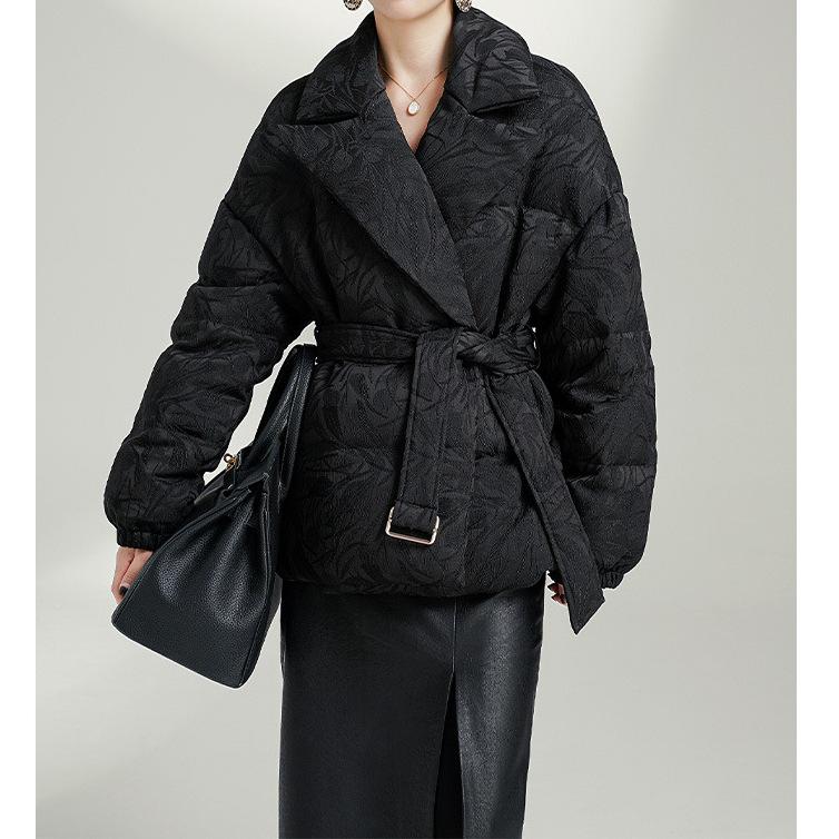 Flower dark pattern high-end goose down jacket, waist white goose down short Pinghu down jacket women's high-end women's clothing black