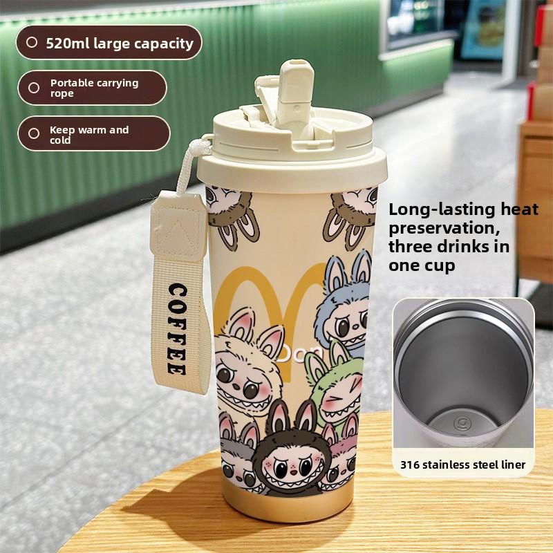 Термос-кружка из нержавеющей стали большой вместимости, высокой ценности, для двух напитков, семь соломинок, автомобильная кофейная кружка 520ml