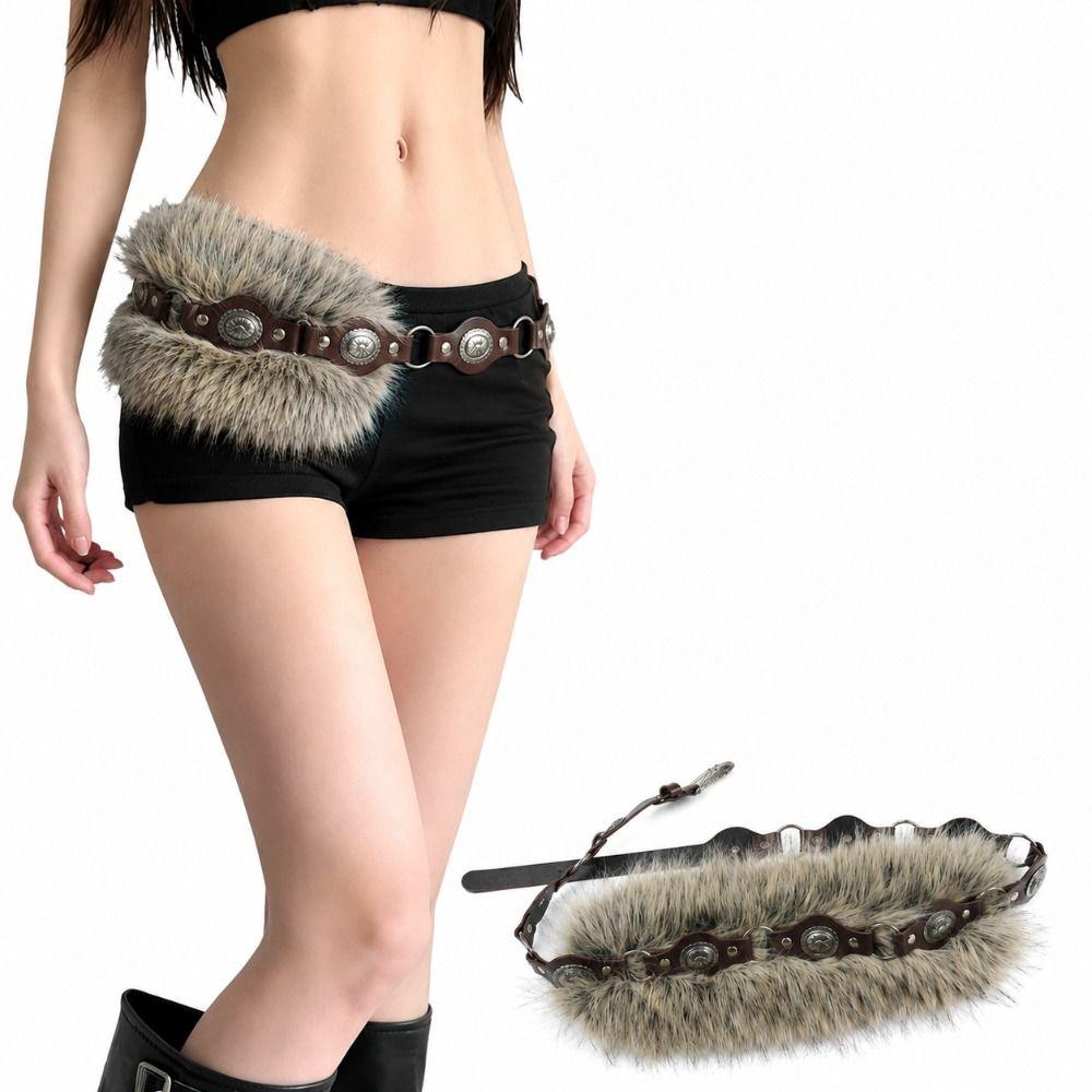 PU Leather Fur Waistband Faux Fur Jeans Waist Belt Unique Punk Studded Belt Y2K Style