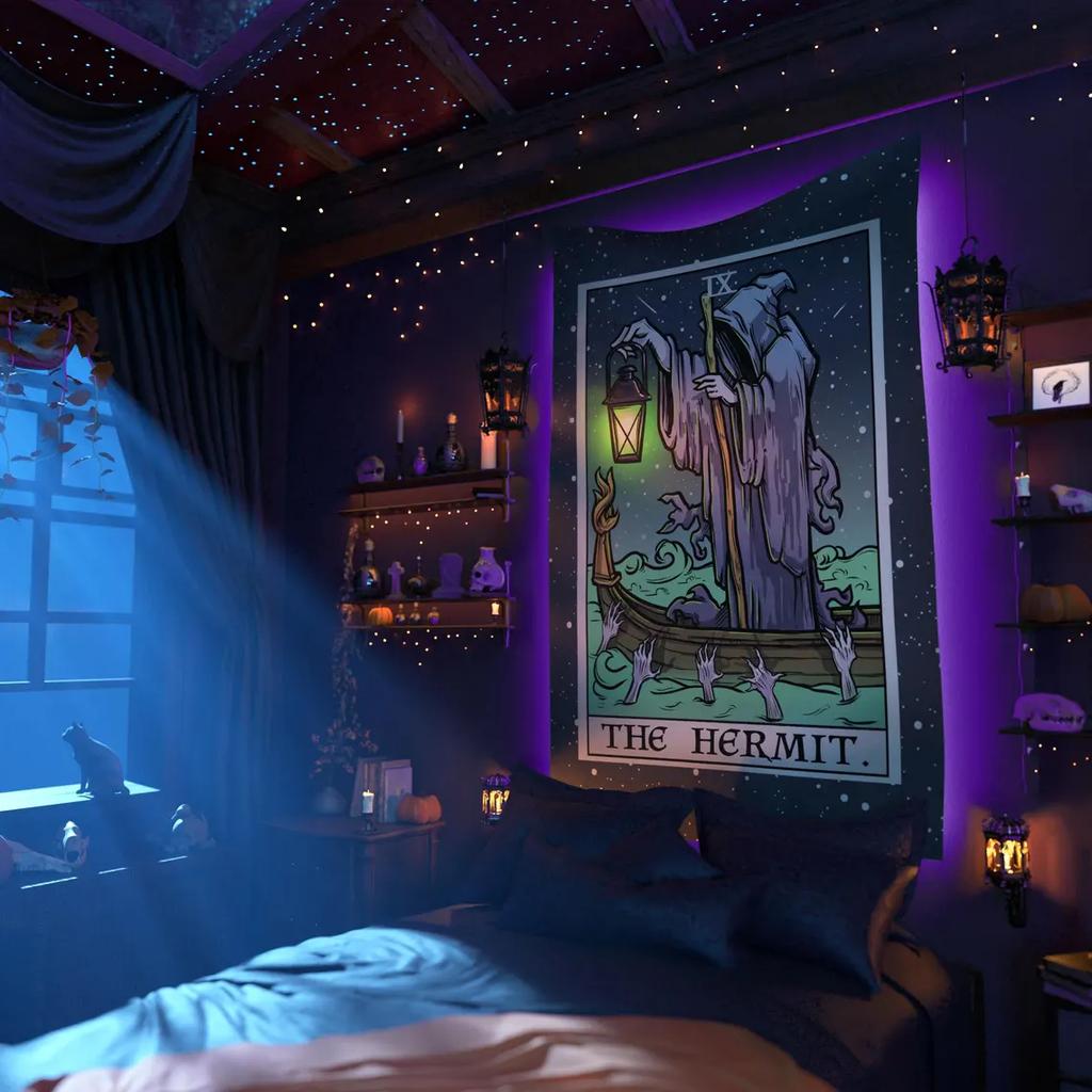 The Hermit Tarot Card Tapestry Halloween Wall Decor Grim Reaper Prints Gothic Wall Hanging Witch Home Decor Spooky Decoration