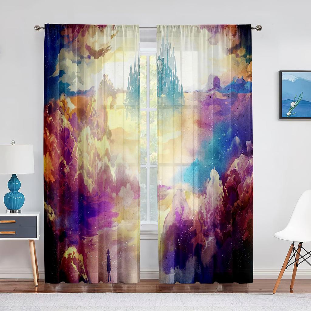 Fantasy Clouds Pink Purple Blue Tulle Curtains for Living Room Decorations Chiffon Sheer Voile Kitchen Bedroom Curtain Drapes