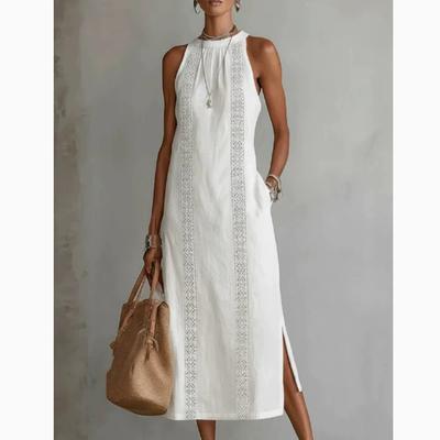New Women's Fashion Round Neck Sleeveless Lace Tiered Solid Color Cotton Linen Dress