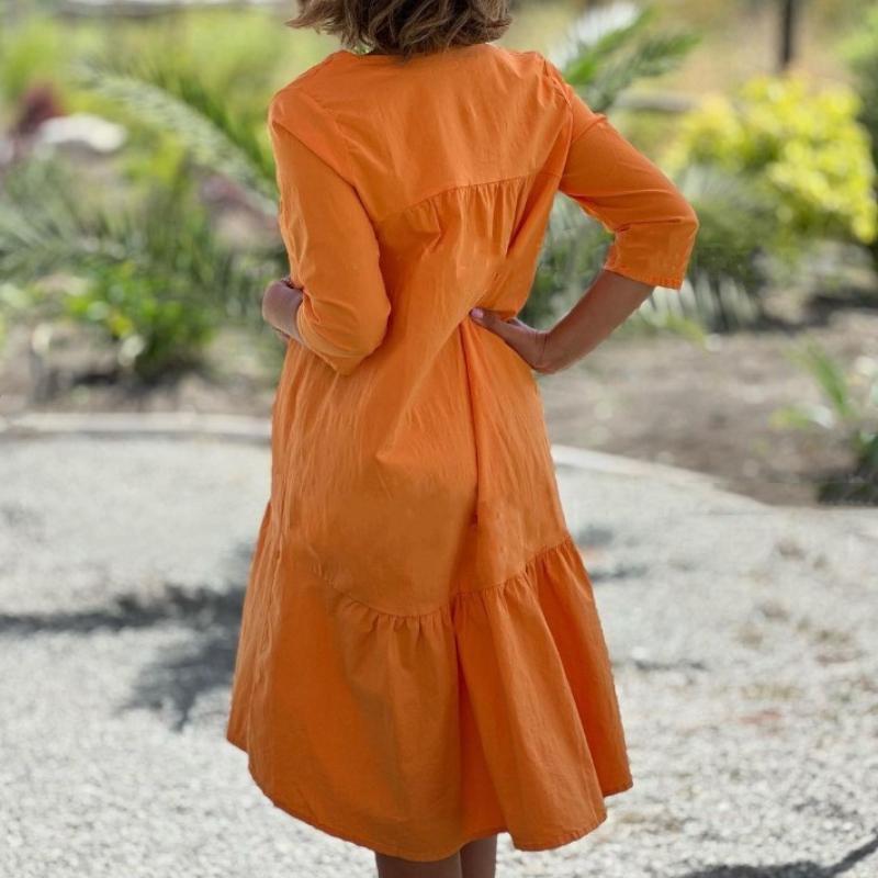 GMXIA Sommer Damen Frisch Süß V-Ausschnitt Reine Farbe Baumwolle Leinen Swing Casual Lange Kleider