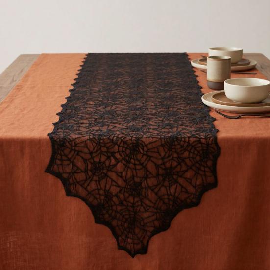 Black Lace Tablecloth Halloween Table Runner, Spider Web Runners, 17.7 x Retro Cocktail Party Decor 70.9Inch for Home Dinner Kitchen Mantel