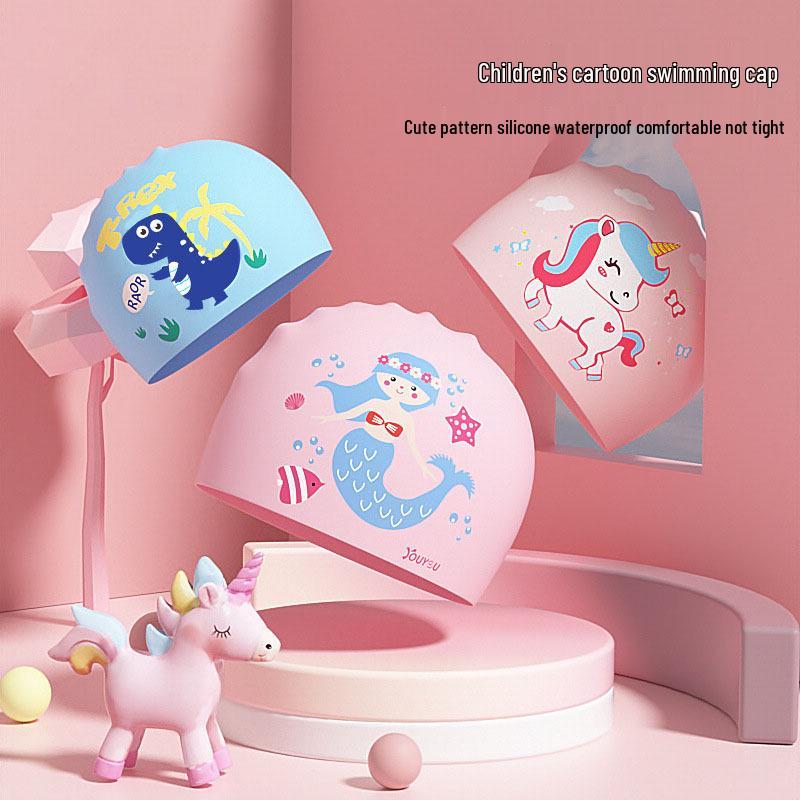 Dinosaur Kids' Waterproof Silicone Swim Cap – Comfortable Fit, Ear & Hair Protection, Cute Cartoon Design for Boys & Girls