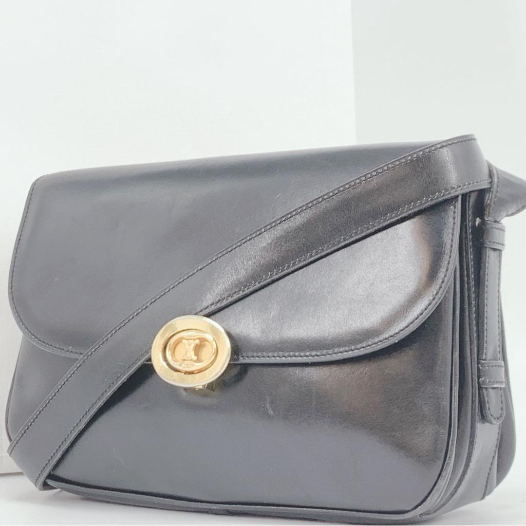 CELINE Vintage Macadam Triomphe Gold Hardware Flap One Semi Shoulder Bag Leather Black Women's Men's Unisex
