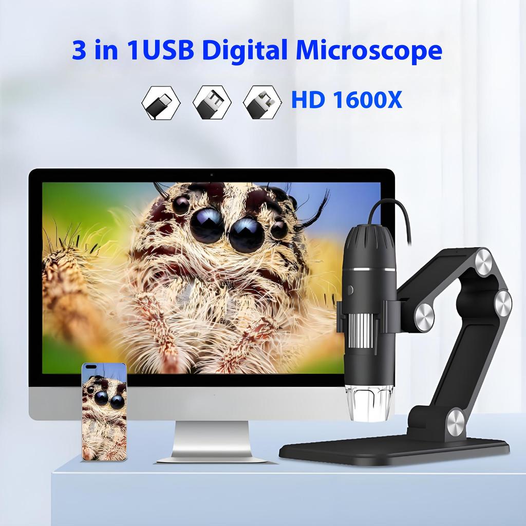 Three In One Usb Microscope with 1600X Magnification for Android Phones, Computers, and General-Purpose Digital Microscopes