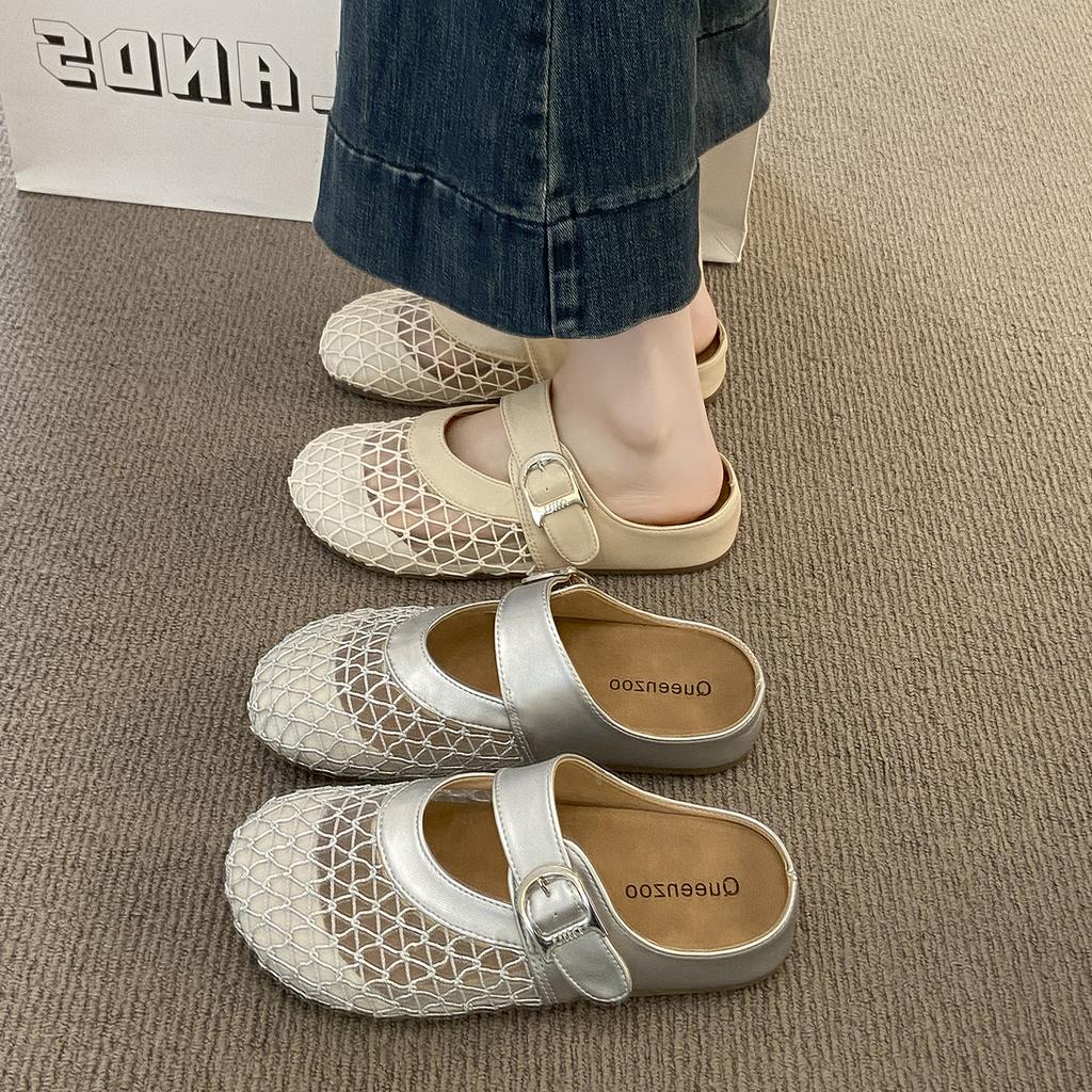 Fashion Cover Toe Fretwork Heels Women's Shoes Silver Female Slippers Slides 2025 Flat Summer Shoes Woman's Slippers Cover Toe Slides Fr