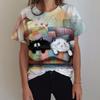 T-shirt da donna a fiori stampata in 3D con motivo gatto a maniche corte moda estiva street girocollo top t-shirt larga Harajuku