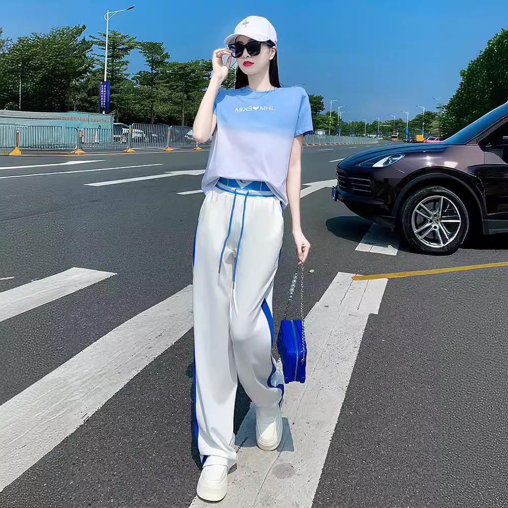 

Women s 2025 Summer Casual Sporty Two-Piece Set: Short Top & Wide-Leg Pants XL